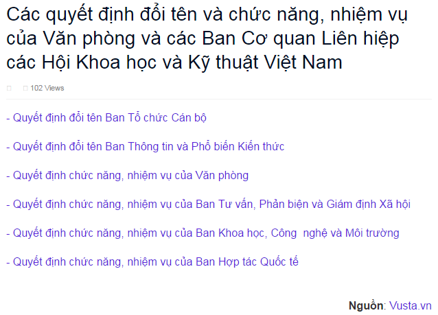 Các quyết định đổi tên và chức năng, nhiệm vụ của Văn phòng và các Ban Cơ quan Liên hiệp các Hội Khoa học và Kỹ thuật Việt Nam