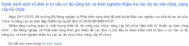 Danh sách một số đơn vị tư vấn có đủ năng lực và kinh nghiệm thẩm tra các dự án, sửa chữa. nâng cấp hồ chứa